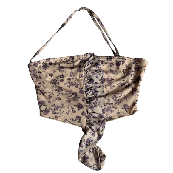 Dolls Kill Tops - Dolls Kill New Pink Floral Halter Crop Top Cream Purple Ruffle Mesh Womens Small